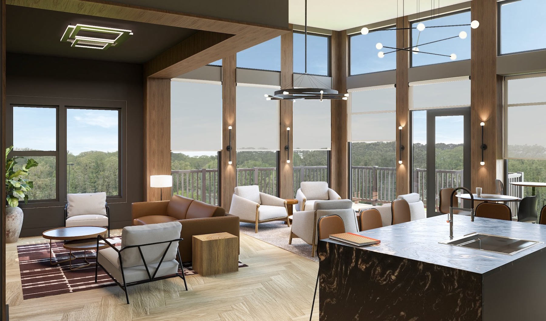 a clubroom with tables and chairs