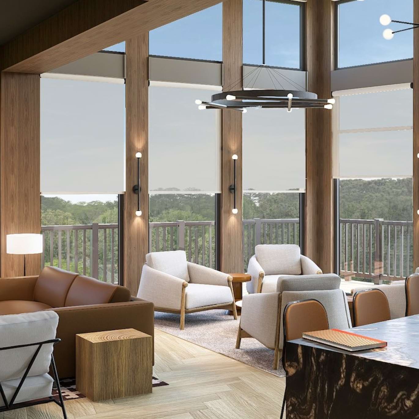a clubroom with tables and chairs