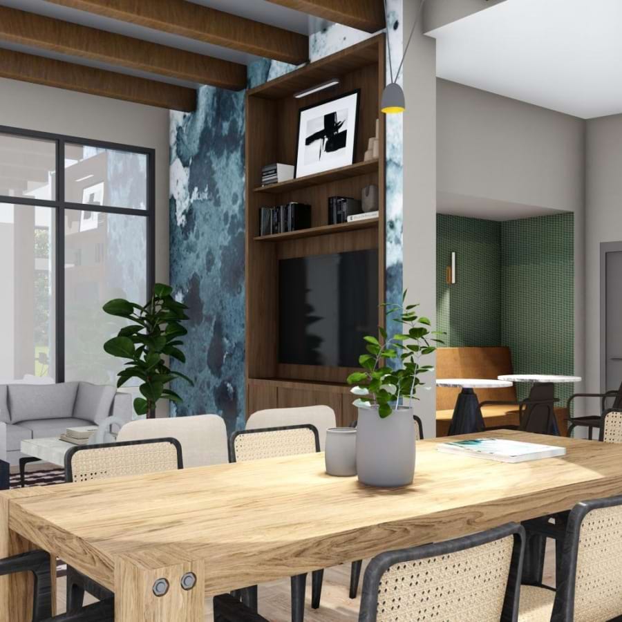 a room with a table and chairs