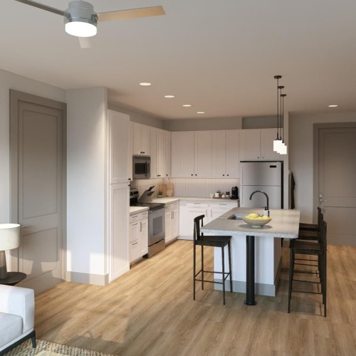 a kitchen and living room