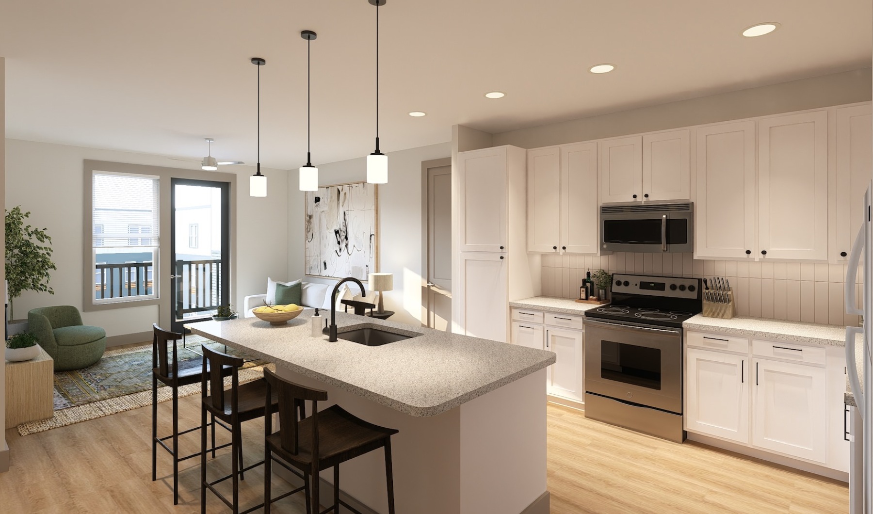 a kitchen with white cabinets