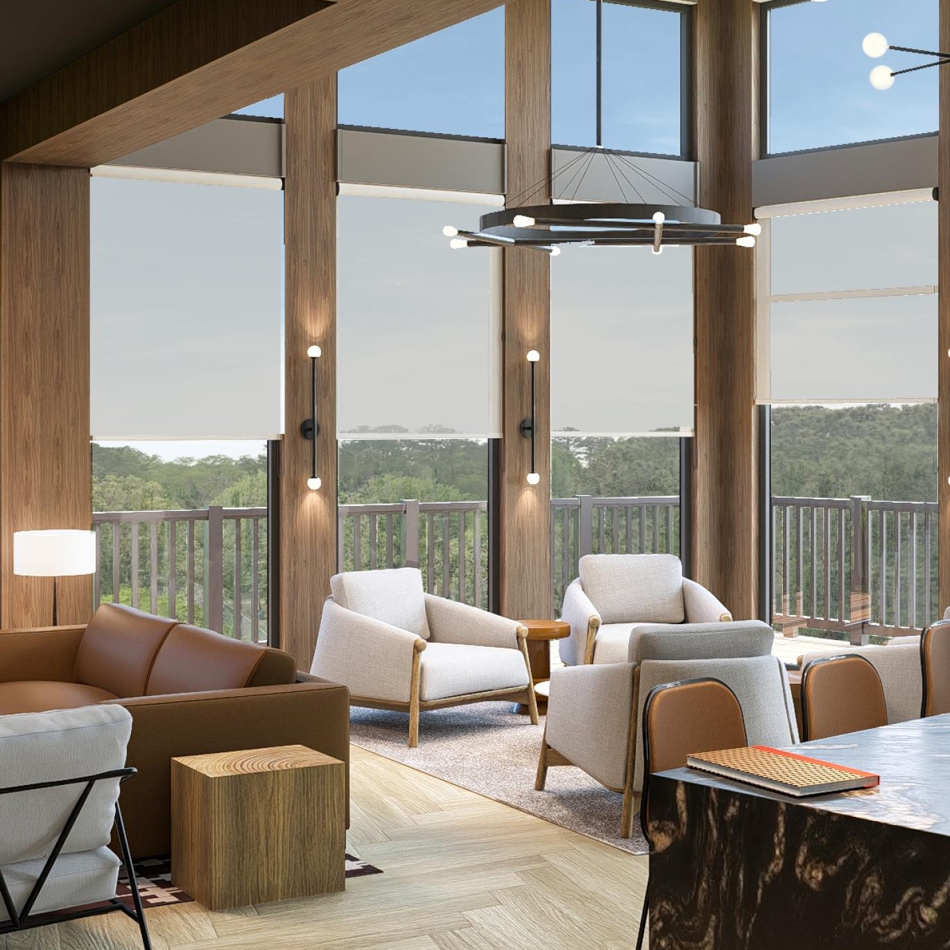 a room with a table and chairs