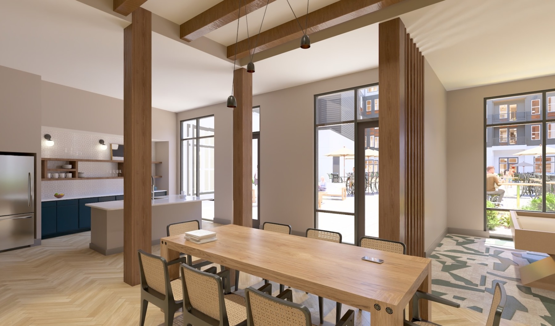 a clubroom with a table and chairs