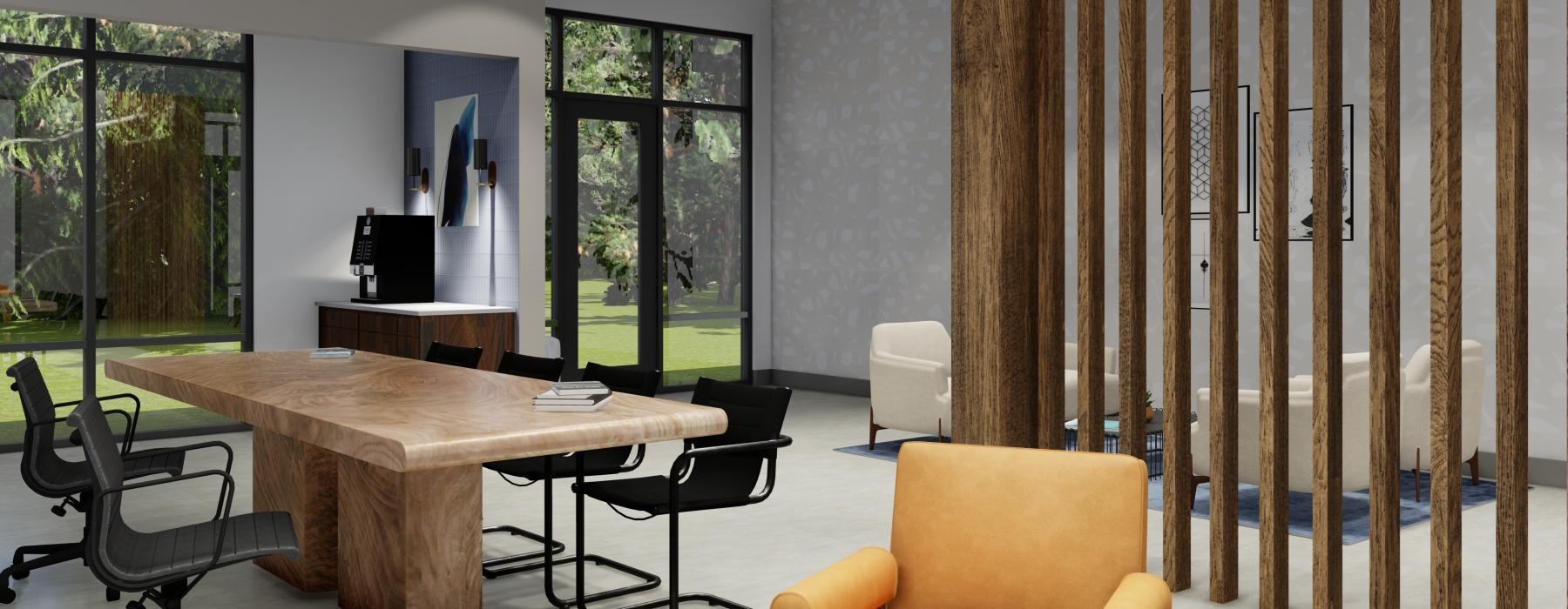 a room with a table chairs and a window