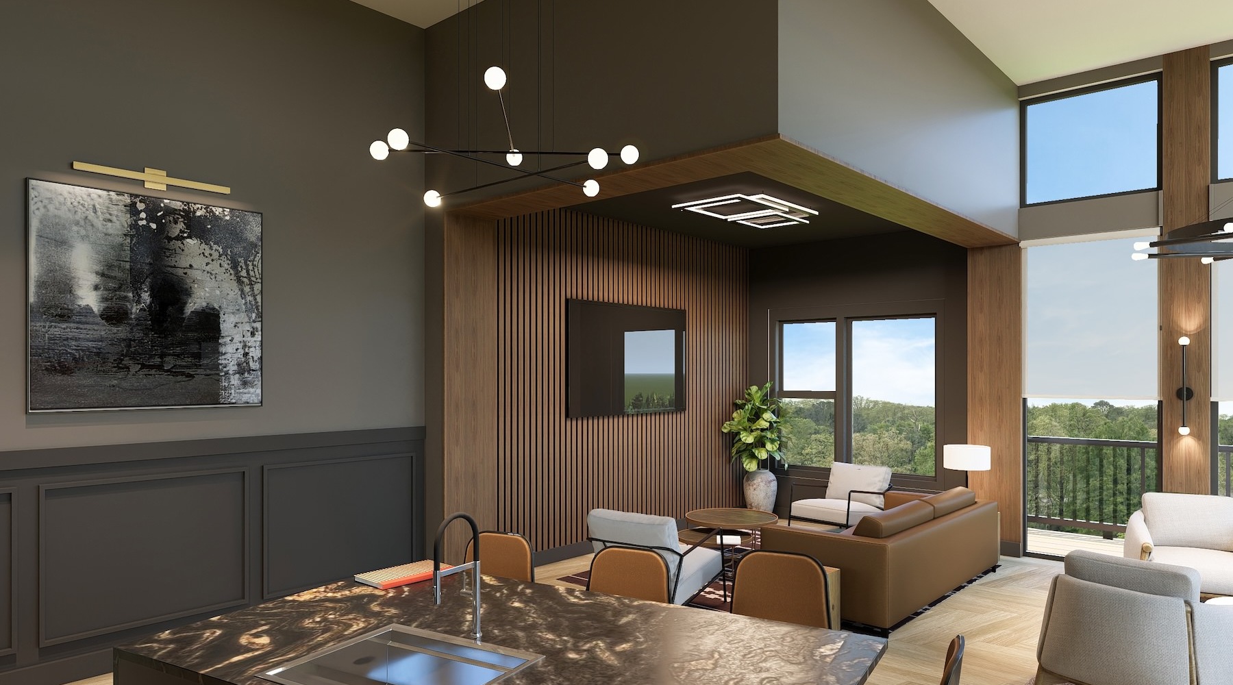 a large lounge and clubroom with a media area