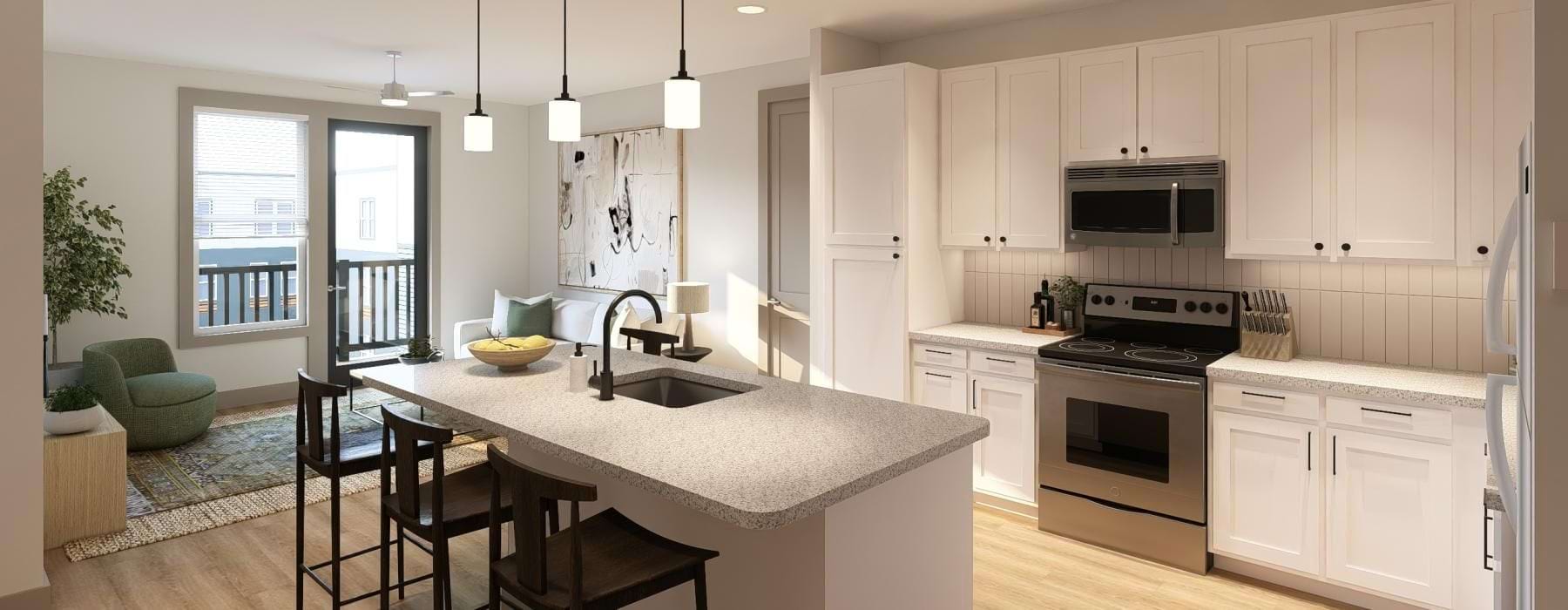 a kitchen with white cabinets