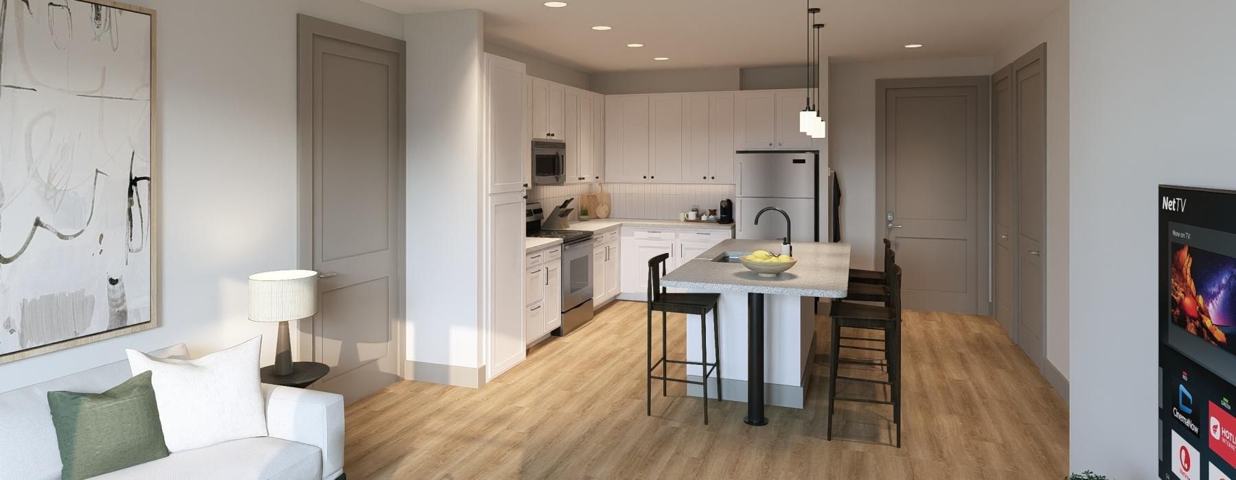 a kitchen and living room