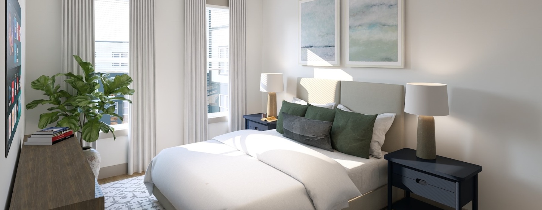 Bedroom with natural lighting and high ceilings